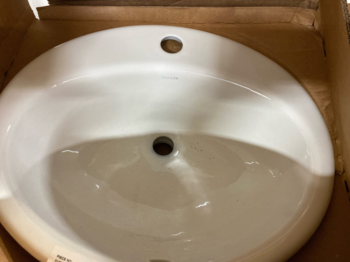 Kohler K-2905-1-0 Farmington 19-1/4" Oval Cast Iron Drop In Bathroom Sink with Overflow and Single Faucet Hole - White