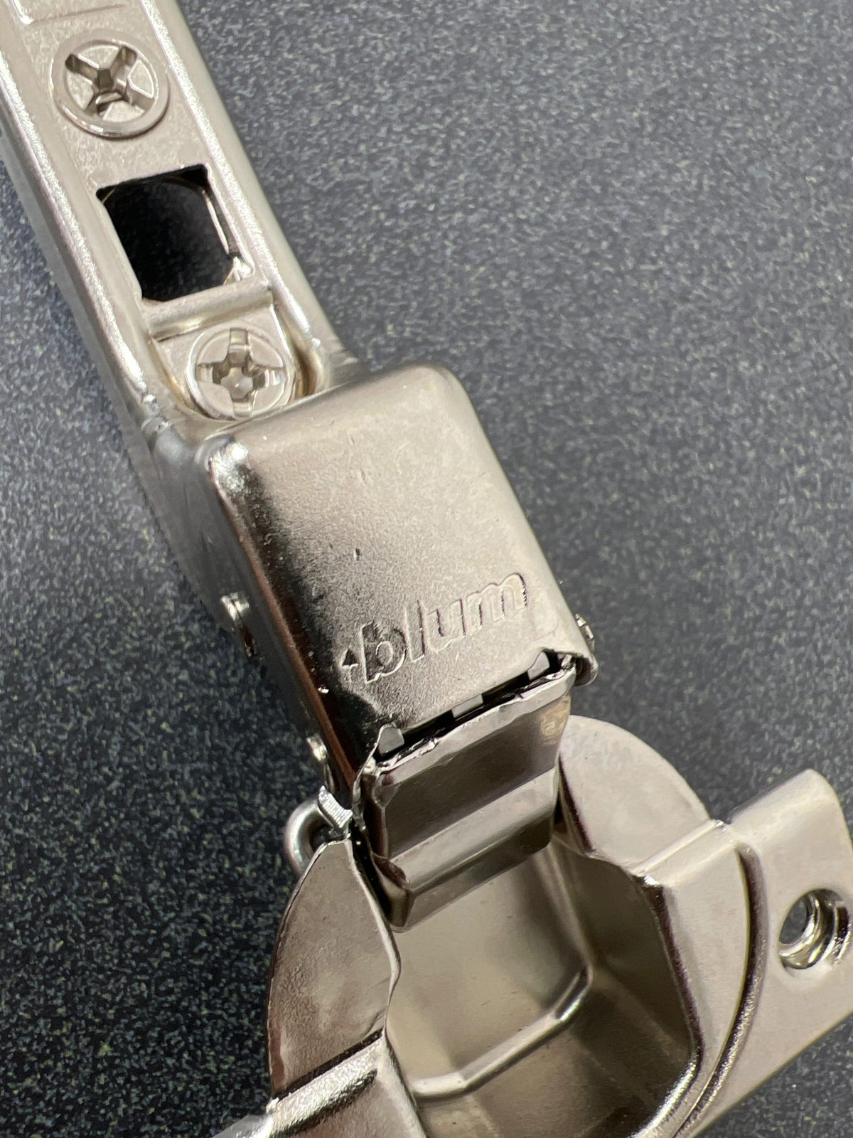 Blum 120 degree clip top half cranked screw-on self closing cabinet hinge, nickel plated