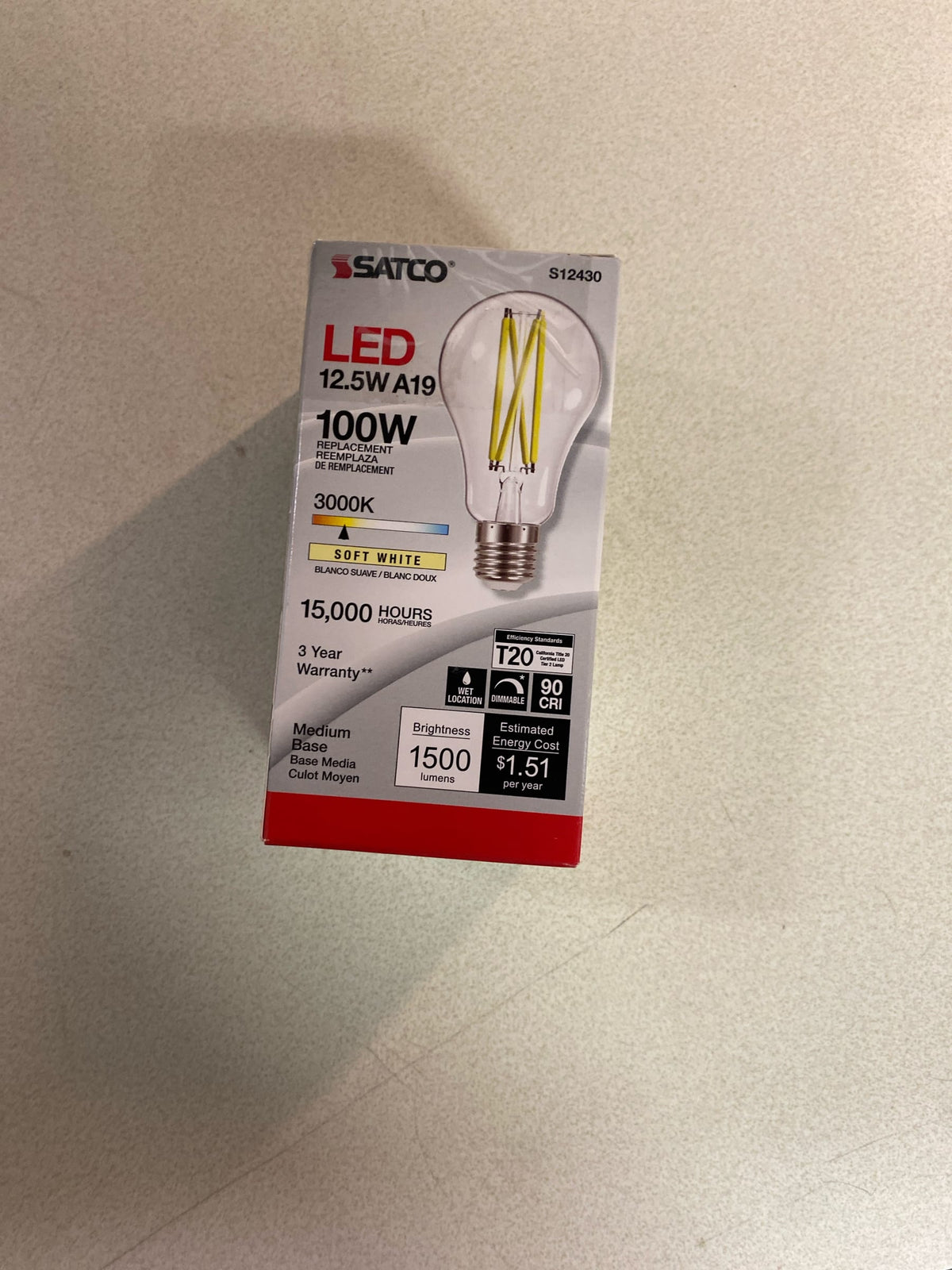 Satco Lighting S12430 Single 12.5 Watt Vintage Edison Dimmable A19 Medium (E26) LED Bulb - 1,500 Lumens, 3000K, and 90CRI - Clear