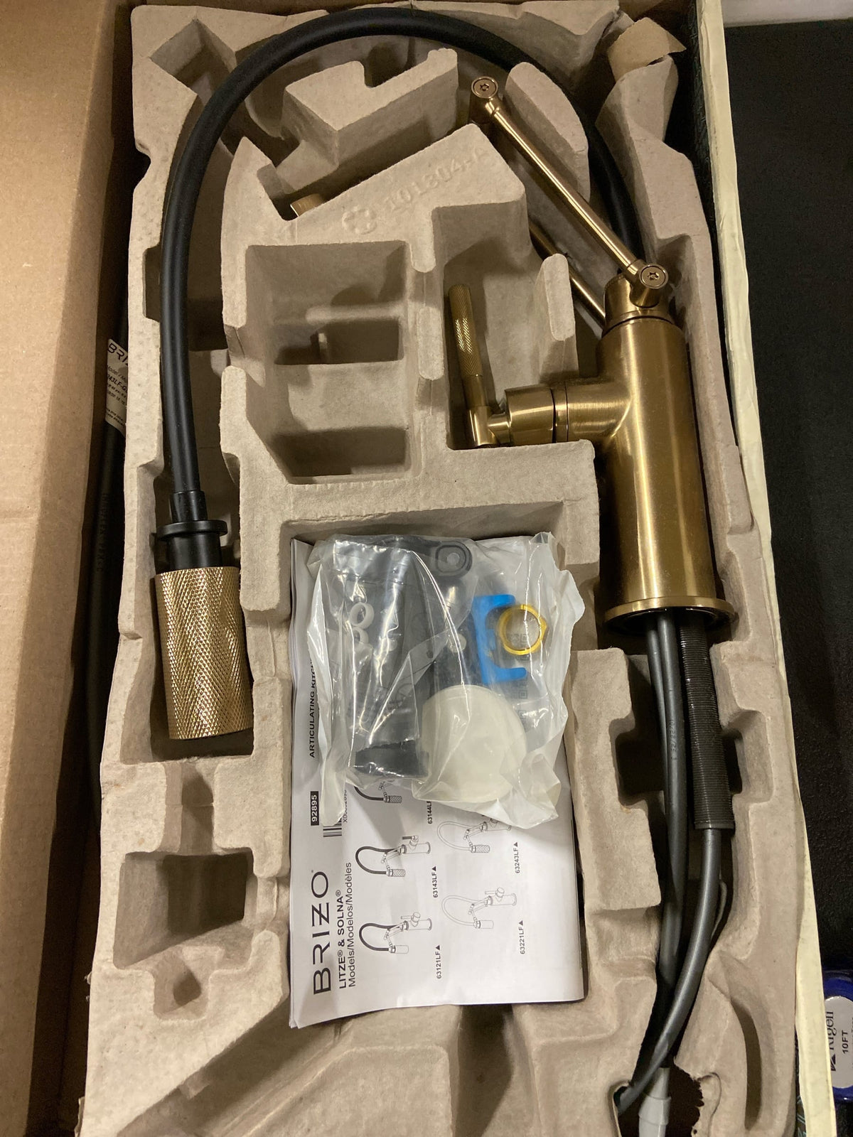 Brizo 63243LF-GL 1.8 GPM Pre-Rinse Pull-Down Kitchen Faucet with Dual Jointed Articulating Arm, Knurled Handle and Black Hose - Luxe Gold