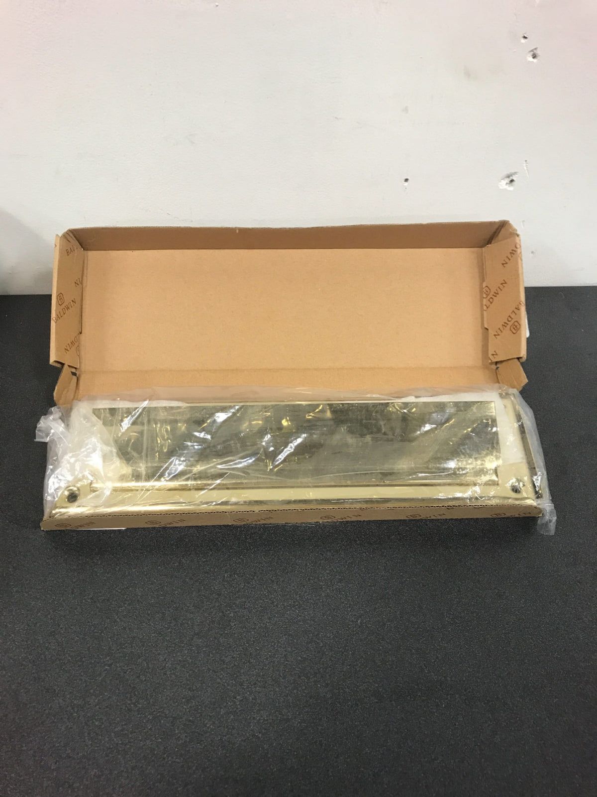 Baldwin Package Sized Spring Tension Brass Letter Box Plate with Hinged Interior Cover - Polished Brass