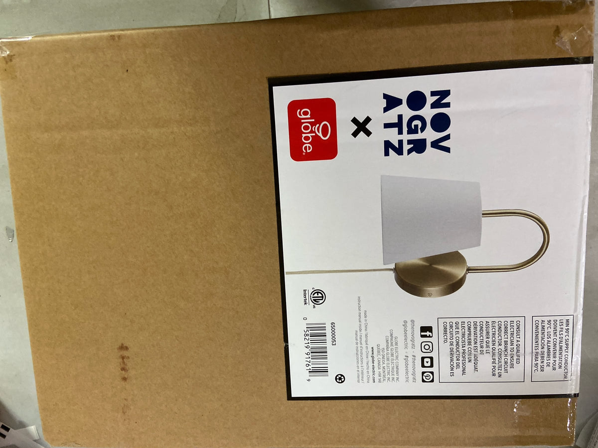 GLOBE Electric x Novogratz 65000053 1-Light Hardwire or Plug-in Wall Sconce, Matte Brass, White Textured Shade, Arched Arm, Lighting, Home Decor, Lights for Bedroom Plug in