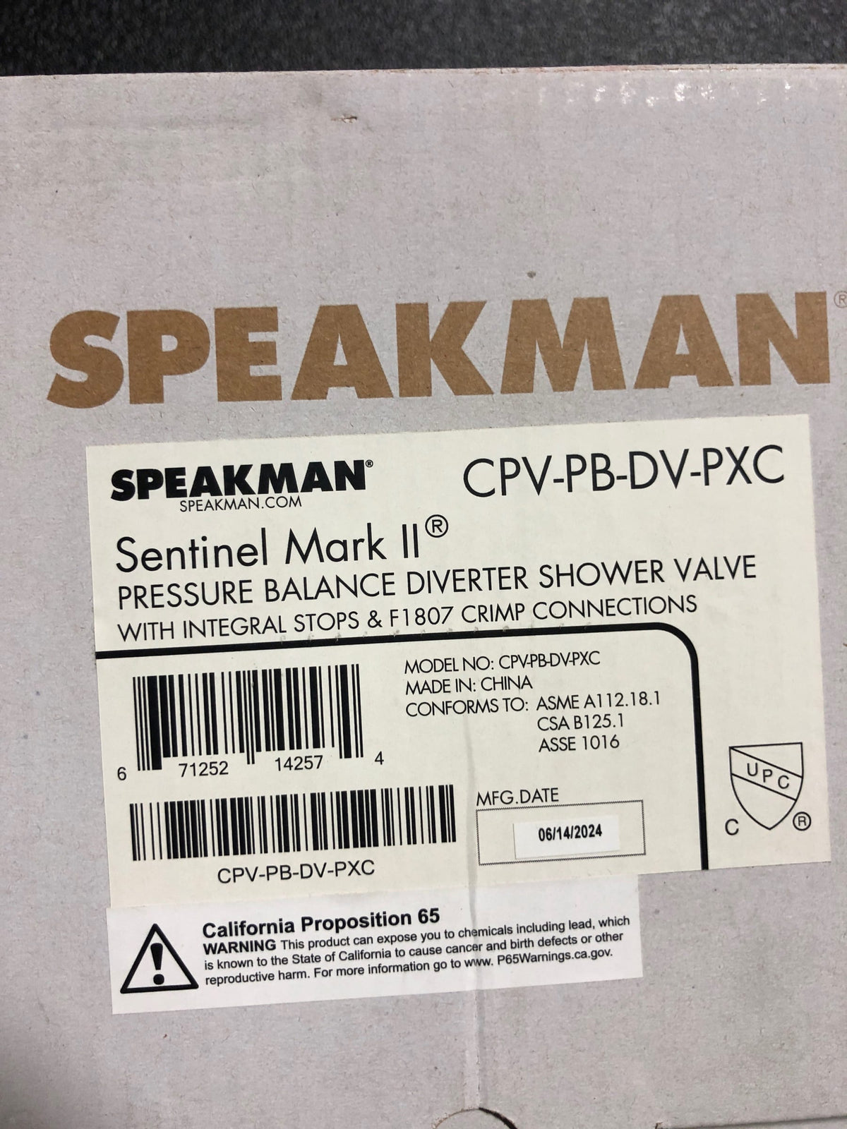 Speakman, CPV-PB-DV-PXC, Sentinel Mark II Pressure Balancing Diverter Shower Valve with Crimp Inlet Connections, Rough Brass