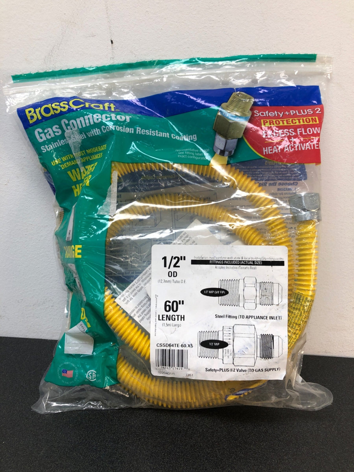 Brasscraft CSSD64TE-60 X5 1/2 in. MIP x 1/2 in. MIP x 60 in. Gas Connector (1/2 in. OD) w/Safety+Plus2 Thermal Excess Flow Valve (53,200 BTU)