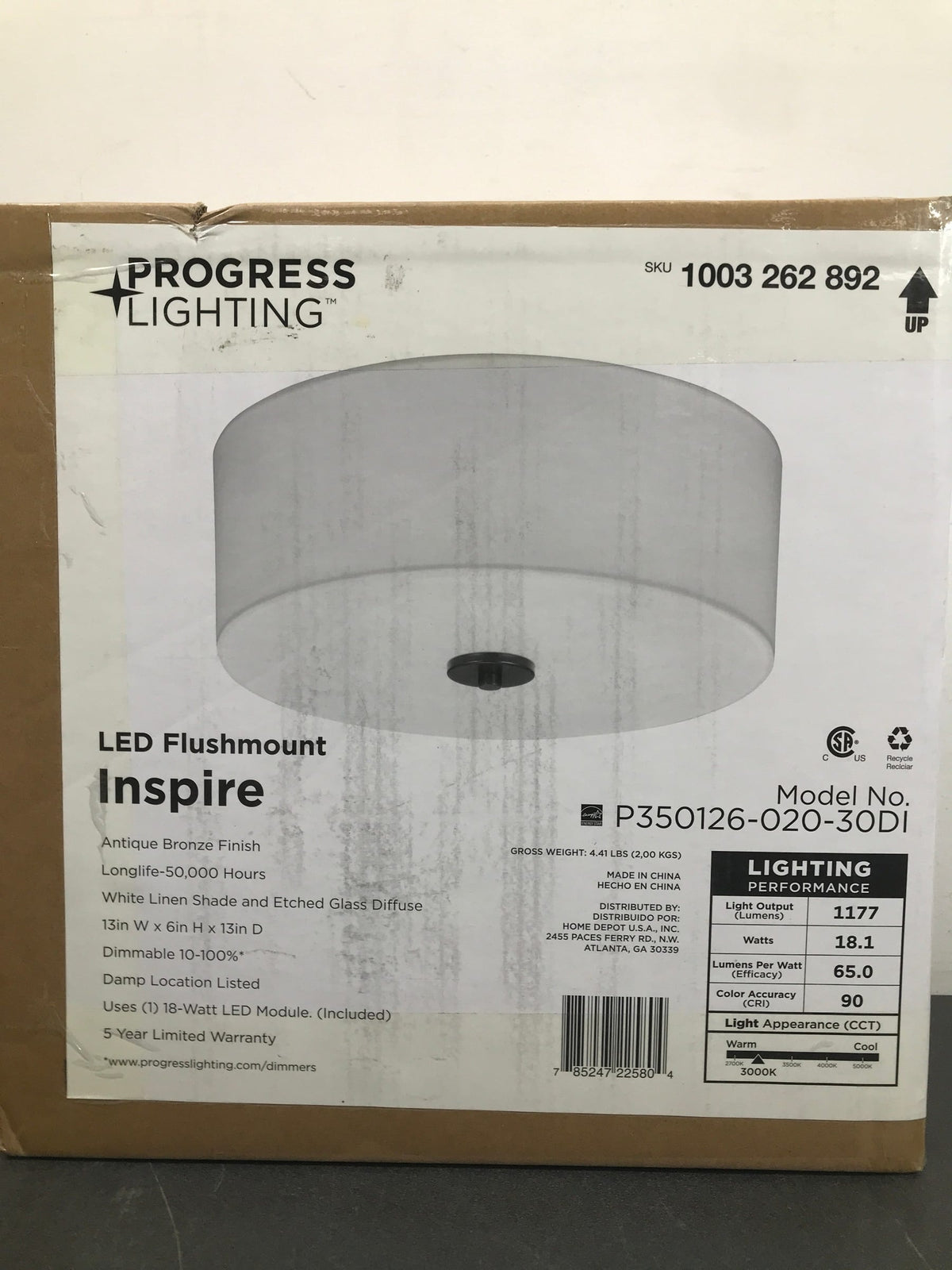 Progress lighting P350126-020-30DI Inspire Collection Antique Bronze Integrated LED Transitional Kitchen Ceiling Light Drum Flush Mount