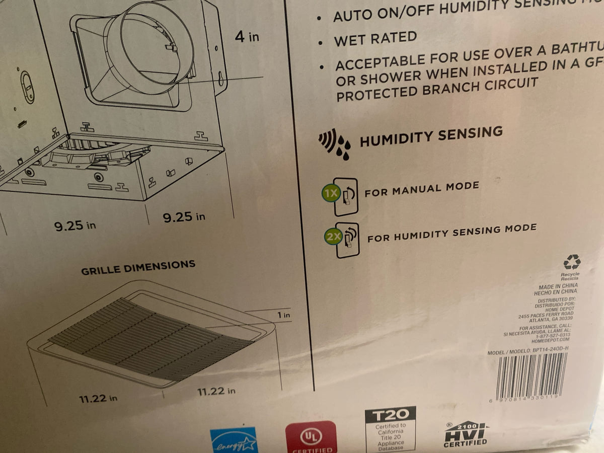 Commercial electric BPT14-24OD-H 110 CFM 1.5 Sone Bathroom Exhaust Fan with Humidity Sensing