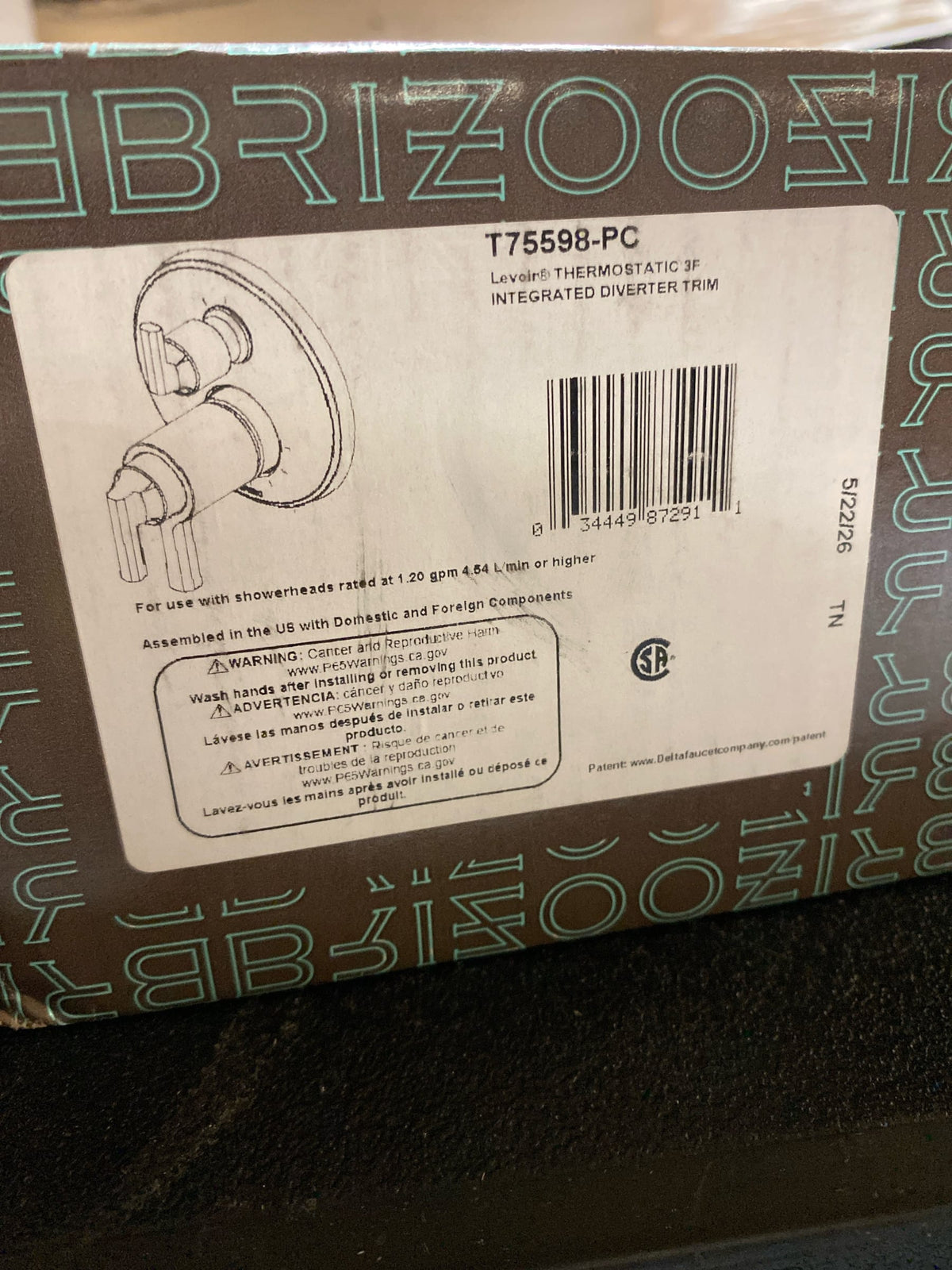 Brizo T75598-PC Levoir Thermostatic Valve Trim with Integrated Volume Control and 3 Function Diverter for Two Shower Applications - Less Rough-In - Chrome