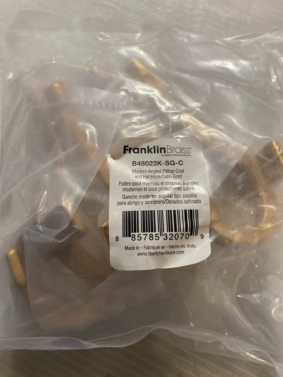 Franklin Brass B48023K-SG-C Modern Angled 1-9/16 Inch Wide Coat and Hat Hook - Pack of 5 - Satin Gold