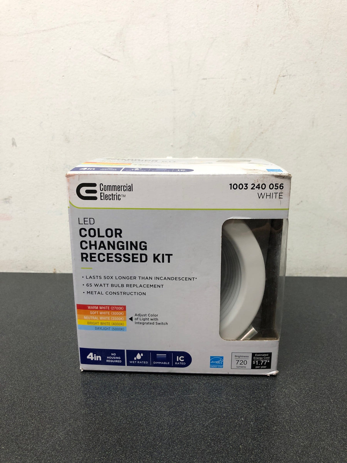 Commercial electric CER407943AK50WH Easy-Up 4 in. White Baffle Integrated LED Recessed Kit with Selectable CCT (2700K-5000K), (No Can Needed)