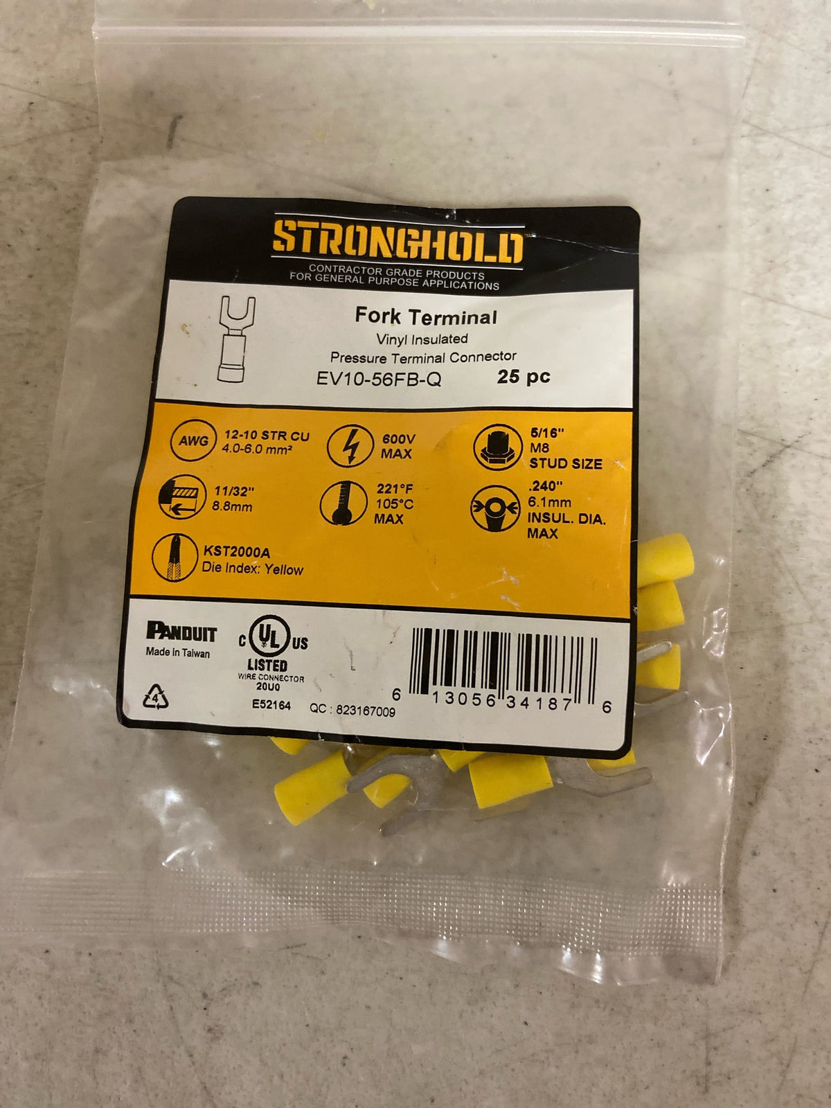 Panduit Fork Terminal, M8 Stud Size, 10 AWG, 600 V, Vinyl Insulated, Yellow, 25 PK