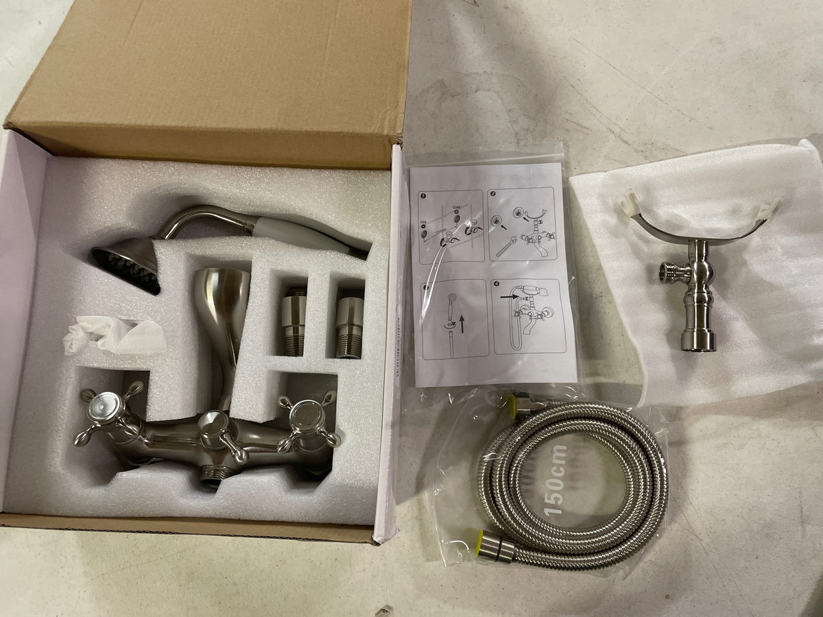 Bwe A-98041-N 3-Handle Claw Foot Tub Faucet with Telephone Shaped Hand Shower Old Style Spigot and Hand Shower in Brushed Nickel
