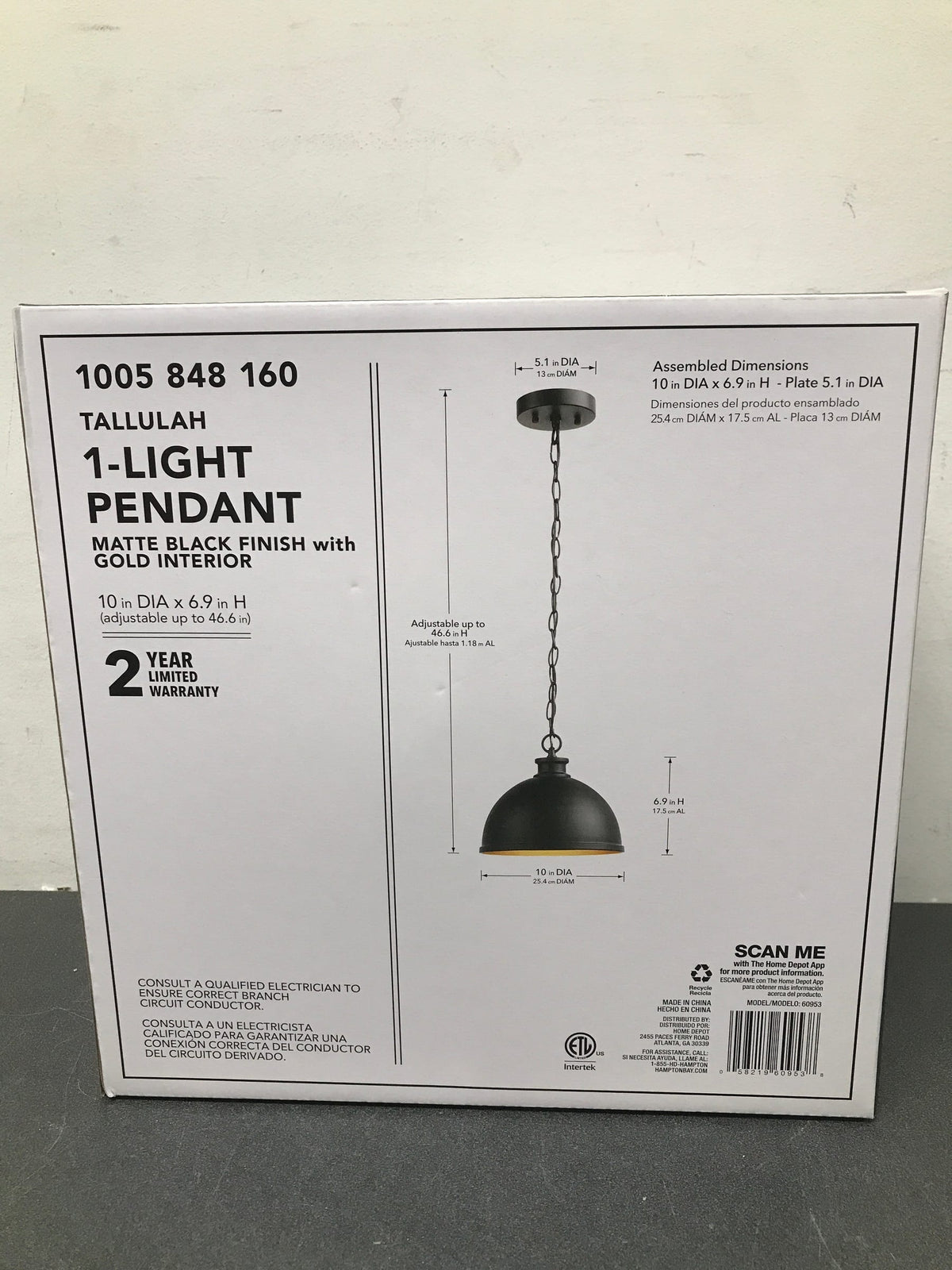 Hampton bay 60953 Talullah 1-Light Matte Black Pendant Lighting with Gold Interior