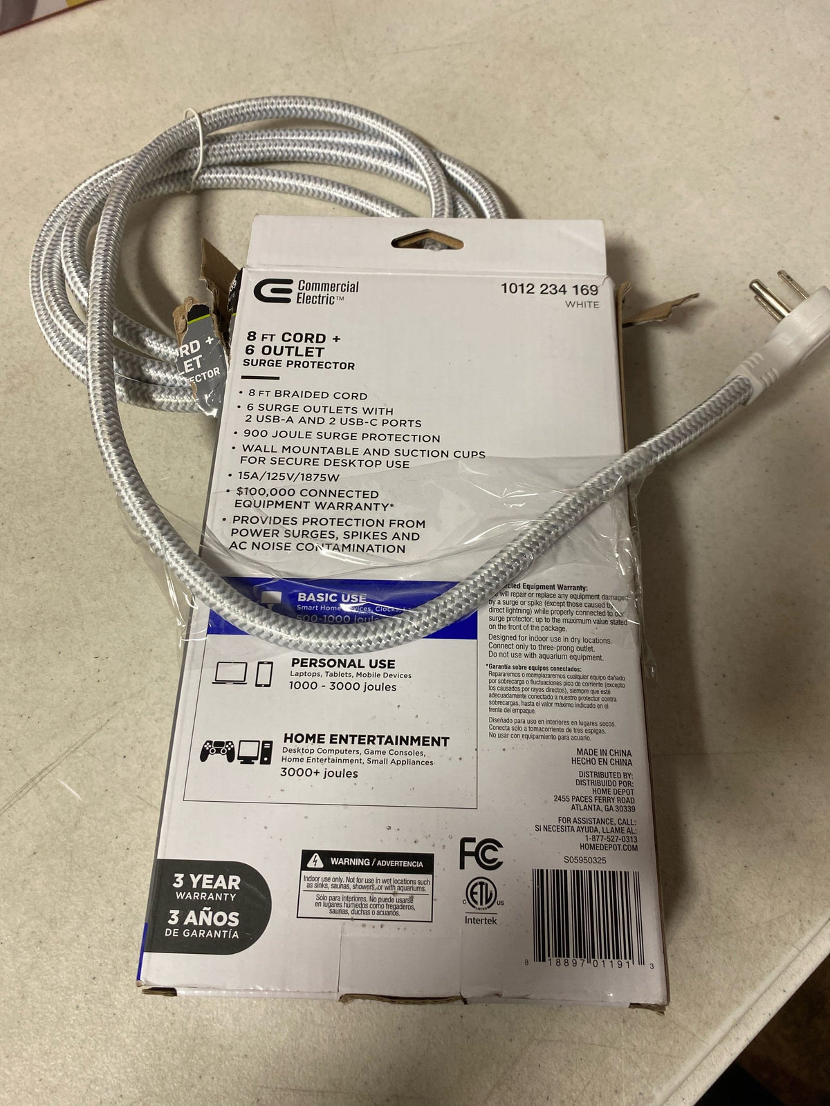 Commercial electric LTS-P05 8 ft. 6-Outlet Surge Protector with 2 USB-A and 2 USB-C, White