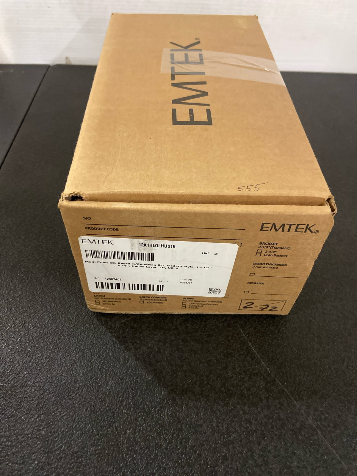 Emtek 12A1US19 Helios Lever (LH)Brass Modern Door Configuration 2 Keyed Entry Multi Point Narrow Trim Lever Set with American Cylinder Above Handle - Flat Black