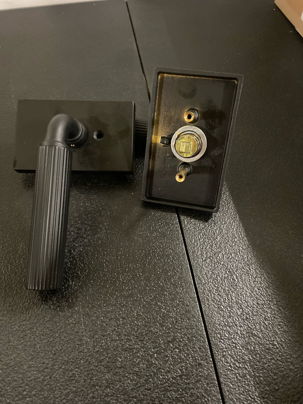 Emtek 510SKUS19 Straight Knurled Passage Door Lever Set from the SELECT Brass Collection - Flat Black Modern Rectangular rosette R-Bar Stem