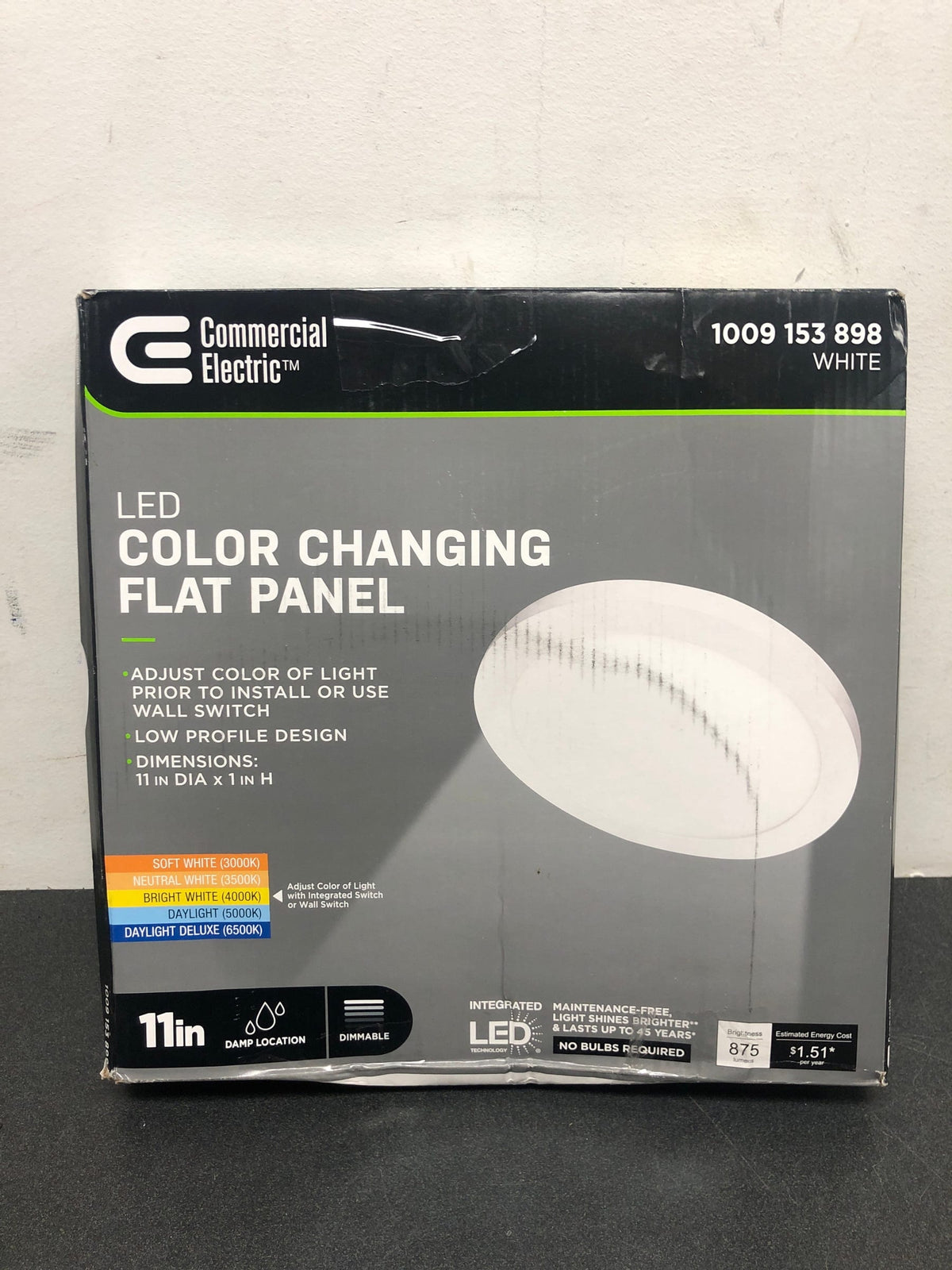 Commercial electric 74210/6WY/HD 11 in. 12.5-Watt Dimmable White Integrated LED 875 Lumens Round Flat Panel Ceiling Flush Mount with Color Change 5CCT
