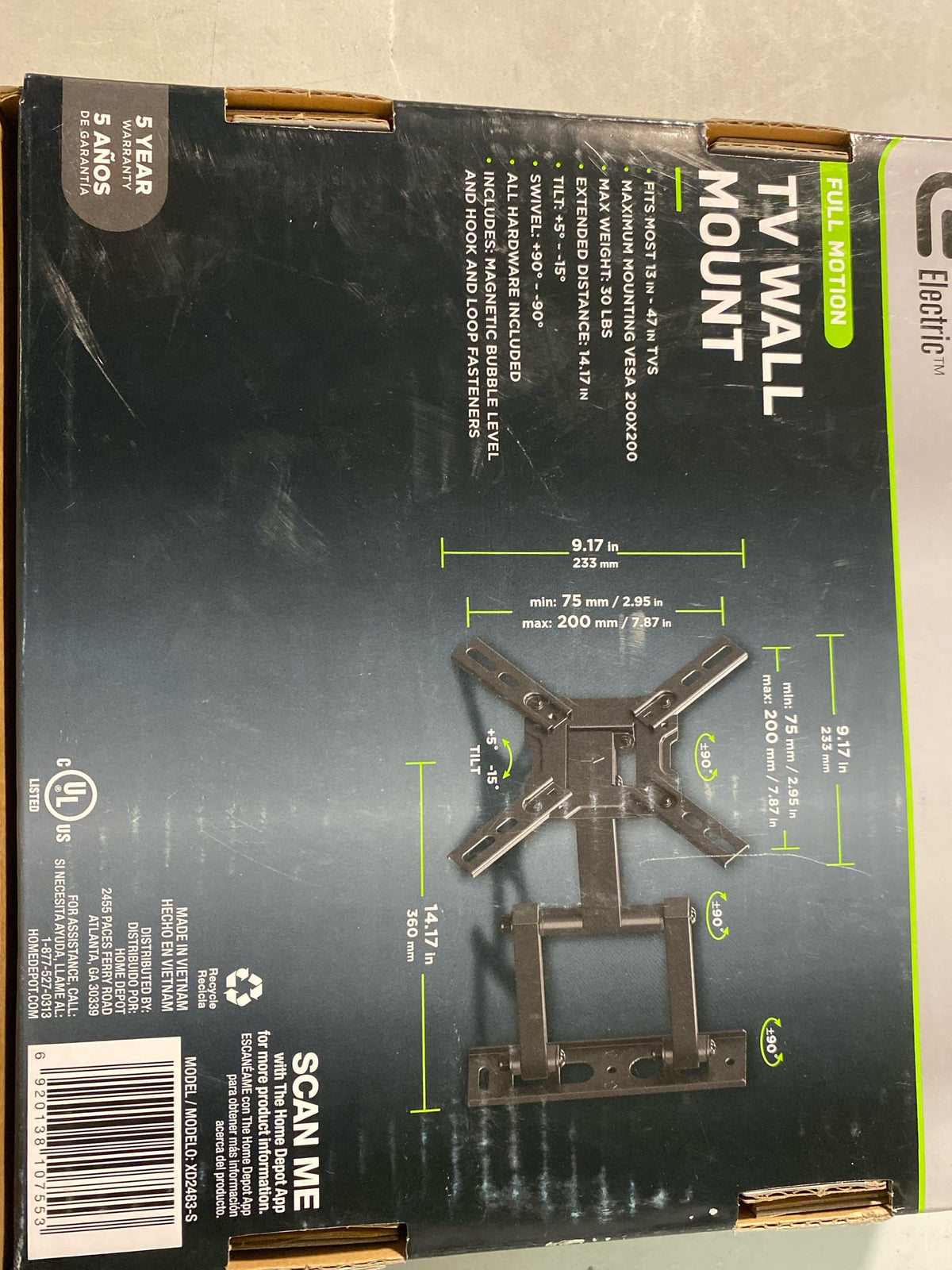 Commercial electric XD2483-S Full Motion TV Wall Mount for 13 in. to 47 in. TVs