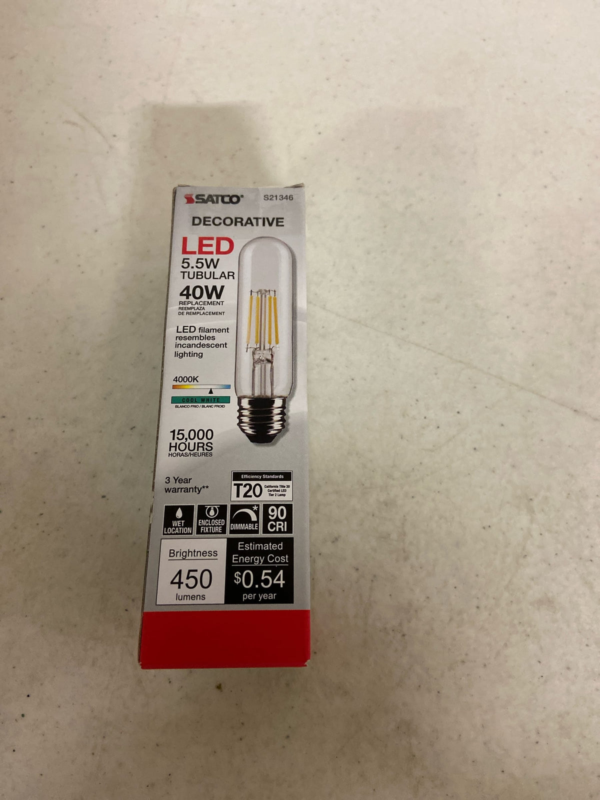 Satco 20653-5.5 watt 120 Volt T10 Medium Screw Base 4000K Cool White Dimmable LED (5.5T10/LED/CL/940/120V/E26 S21346)