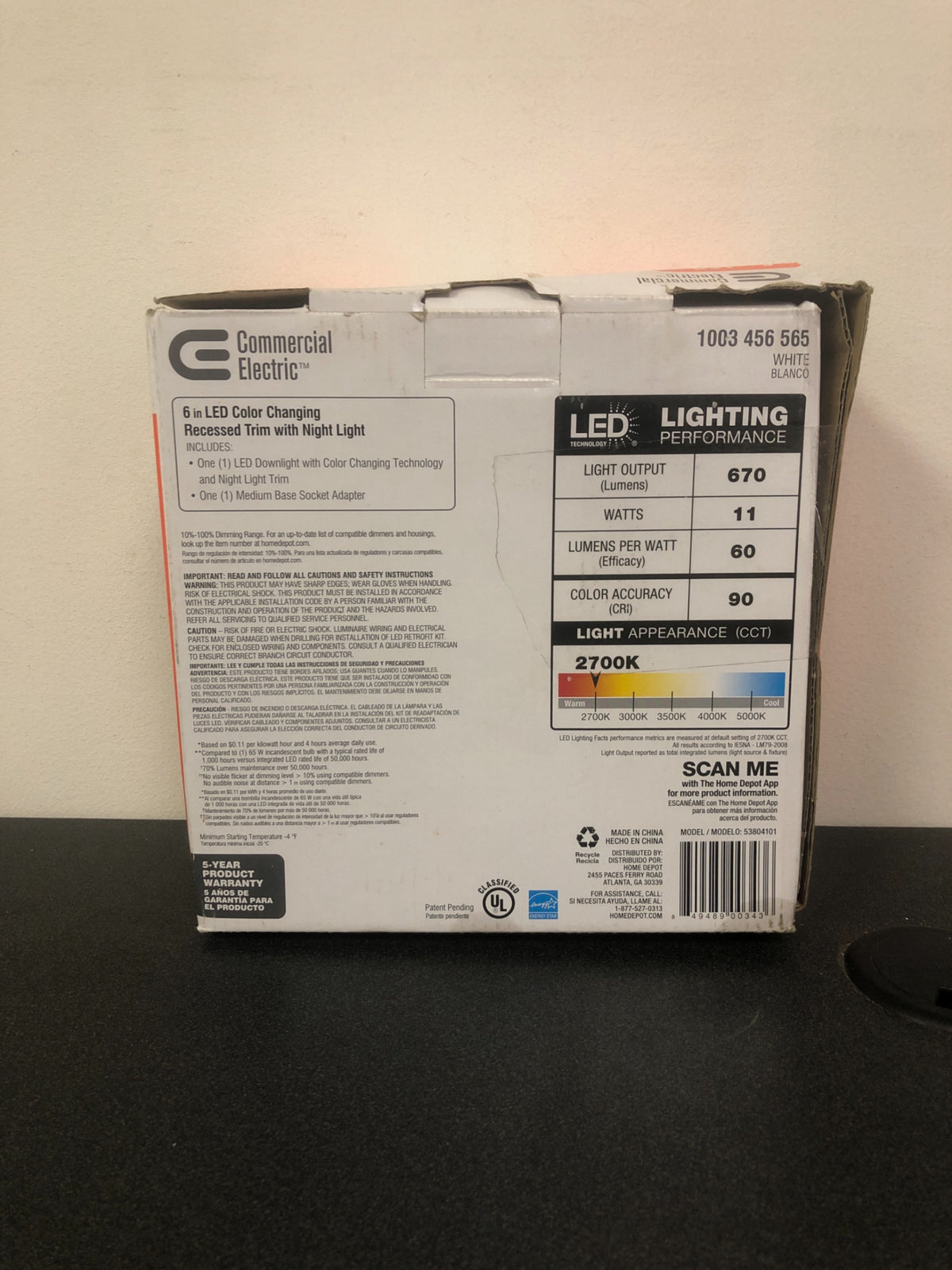 Commercial Electric 6 in. Selectable CCT Integrated LED Recessed Light Trim with Night Light Feature 670 Lumens 11-Watt Dimmable-53804101