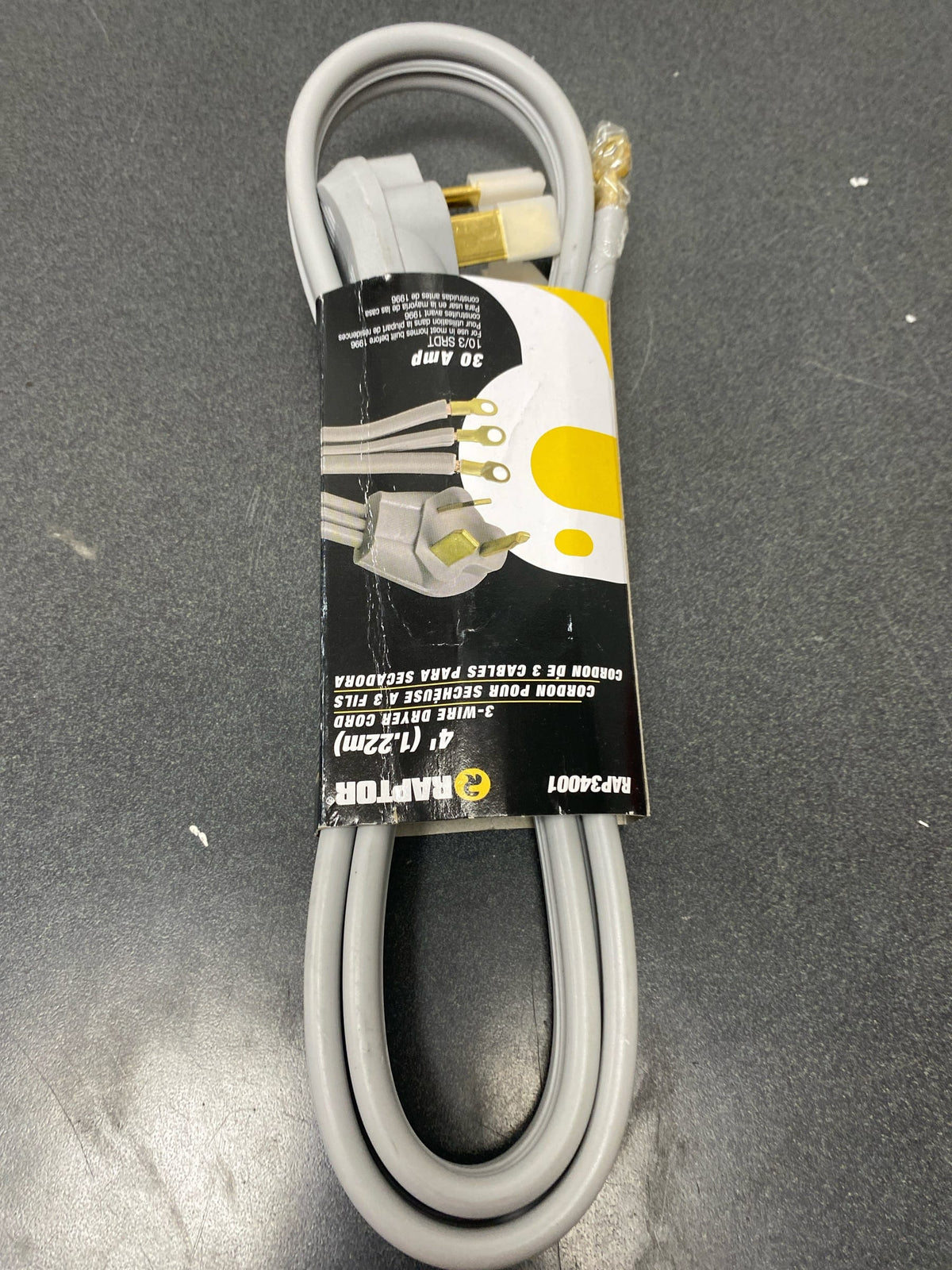 Raptor Tools RAP34001 30 Amp 4 ft. 10/3 SRDT 125/250V Dryer Cord - Grey