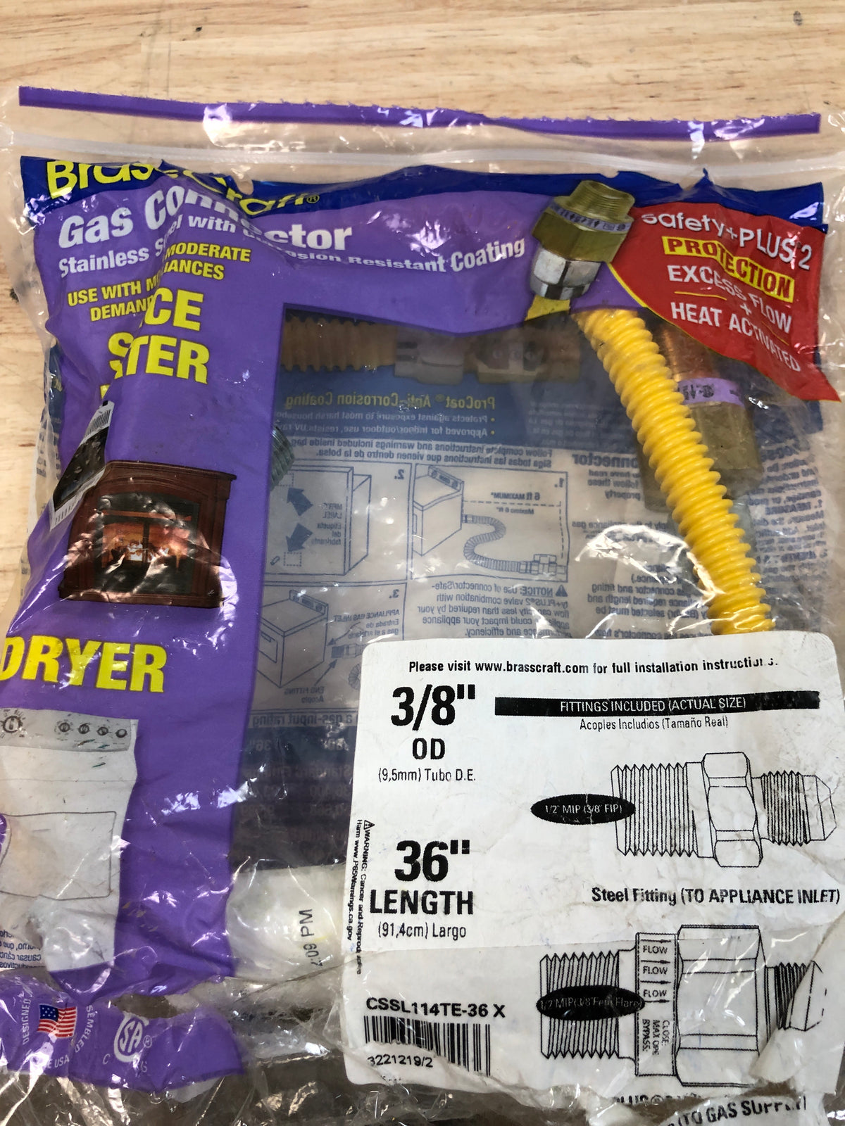 Brasscraft CSSL114TE-36 X 1/2 in. MIP x 1/2 in. MIP x 36 in. Gas Connector (3/8 in. O.D.) w/Safety+Plus2 Thermal Excess Flow Valve (33,400 BTU)