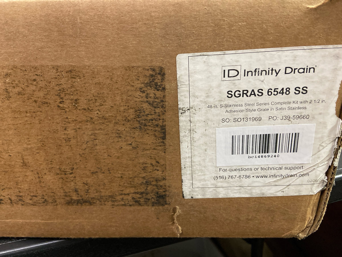Infinity Drain SGRAS 6548 SS 48" S-GRAS 65 Linear Drain Complete Kit with 2 1/2" Adhesion Style Grate - Satin Stainless