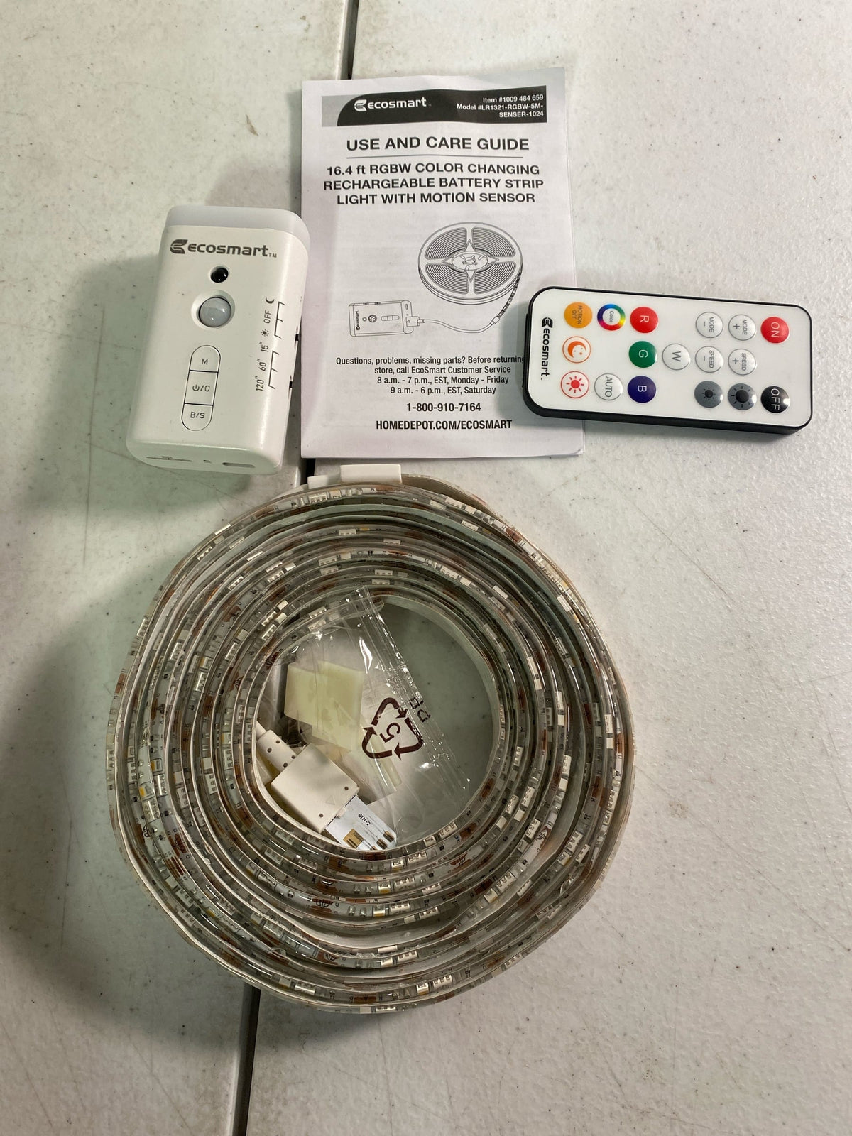 Ecosmart LR1321-RGBW-5M- 16.4 ft. RGBW Color Changing Dimmable Rechargeable Battery Operated LED White Strip Light with Motion Sensor and Remote