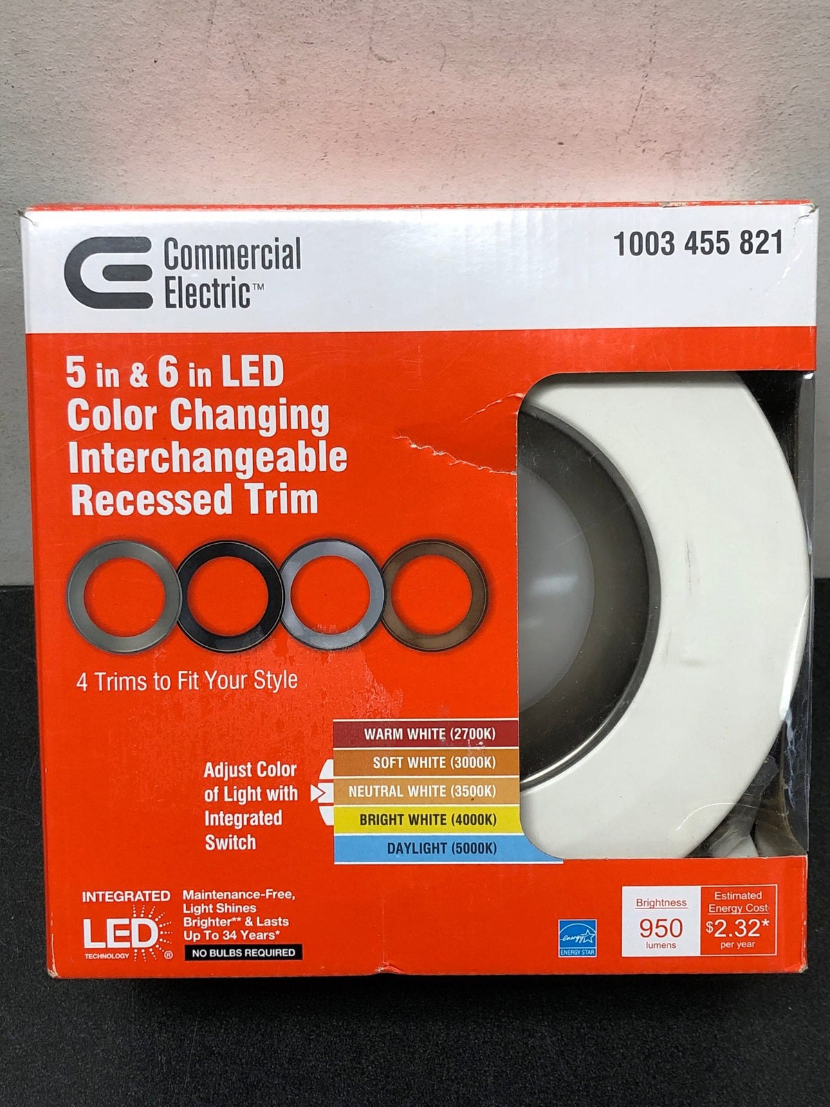 Commercial electric 53198101 5 in./6 in. Adjustable CCT Integrated LED Recessed Light Trim Can Light with 4 Color Trim Options 950 Lumens Dimmable