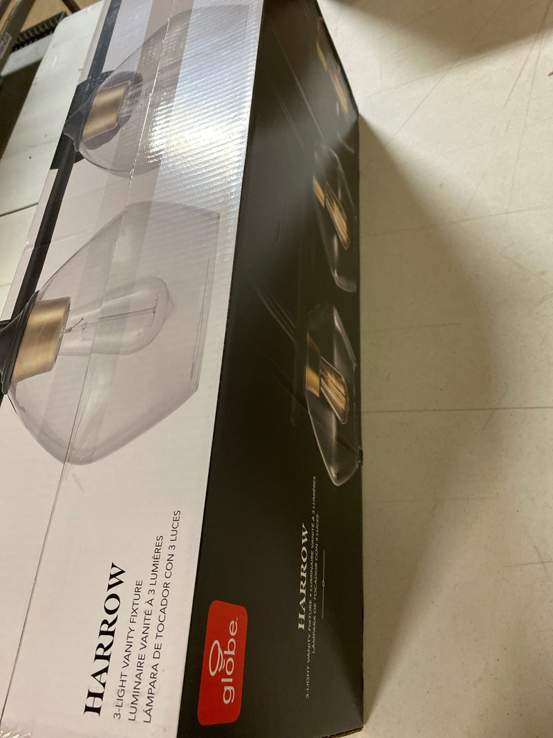 Globe electric 51853 Harrow 26.3 in. 3-Light Dark Bronze Vanity Light with Antique Brass Accents and Clear Glass Shades for Bathroom