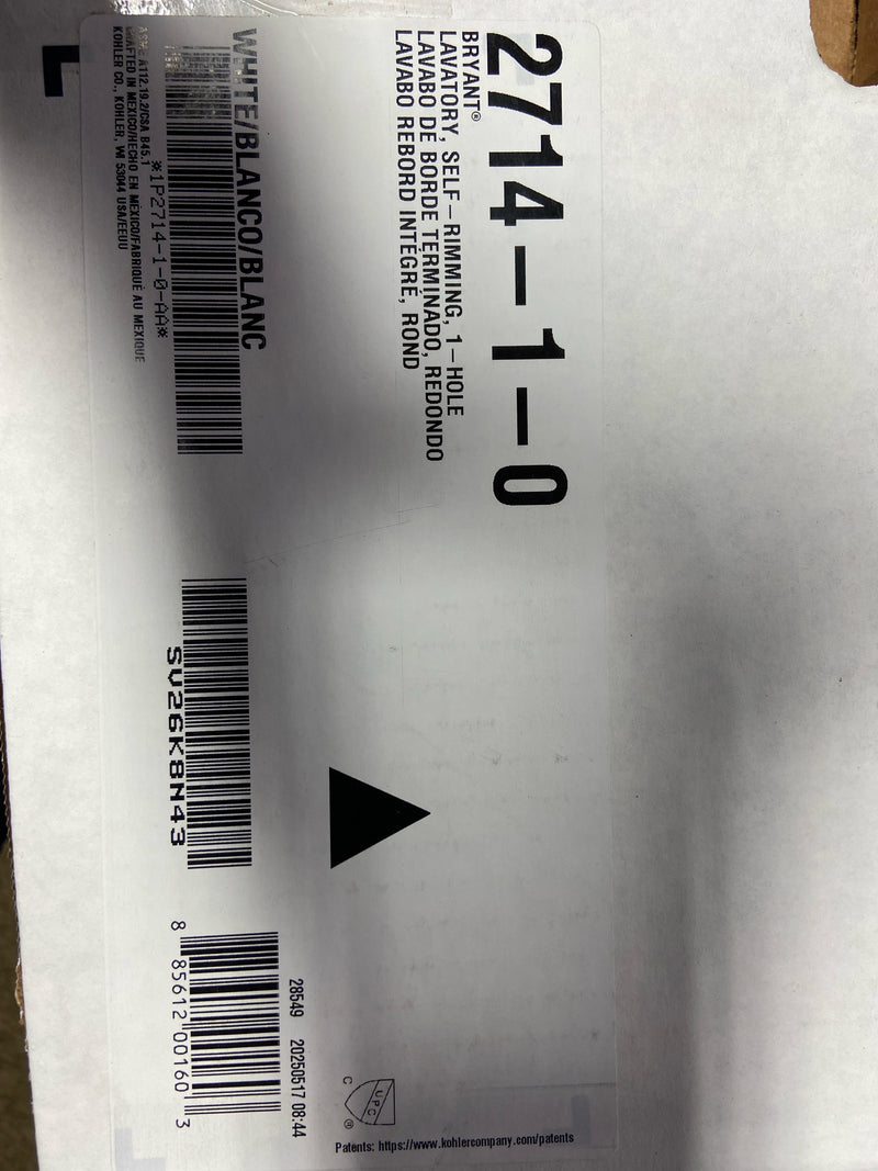 Kohler K-2714-1-0 Bryant Round Self-Rimming Bathroom Sink with Single-Hole Faucet Drilling, White, 1.375