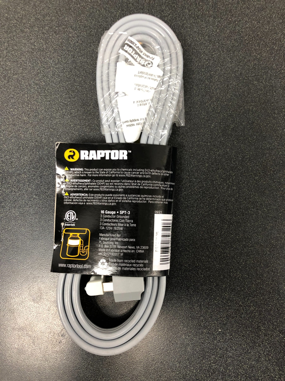 RAPTOR 7205883 6 ft. 16/3 Gauge Power Cord