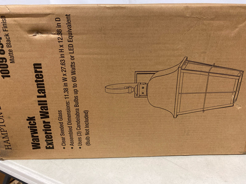 Hampton bay LDN1603AX-01/MB Warwick 28 in. Matte Black Finish Hardwired Outdoor Wall Lantern Seeded Glass