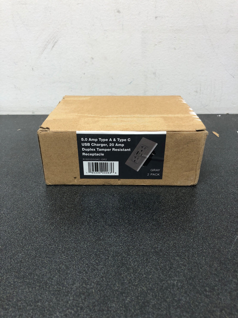 Elegrp R1820D50AC-GR2 25-Watt 20 Amp Type C and Type A USB Duplex Outlet, Smart Chip High Speed Charging Wall Plate Included, Gray (2-Pack)