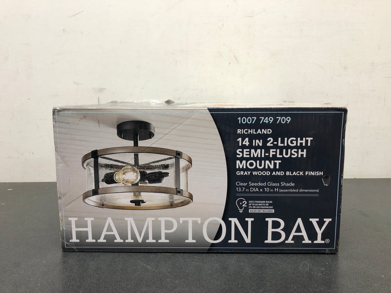 Hampton bay KSF8202AX-01 Richland 2-Light Grey Wood Semi Flush Mount Clear Seedy Glass