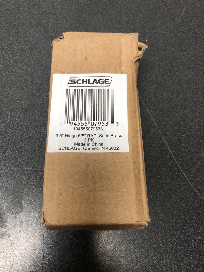 Schlage S3P1011FRP608 Pack of Three 3.5" x 3.5" Plain Bearing 5/8" Radius Corner Mortise Hinges - Satin Brass