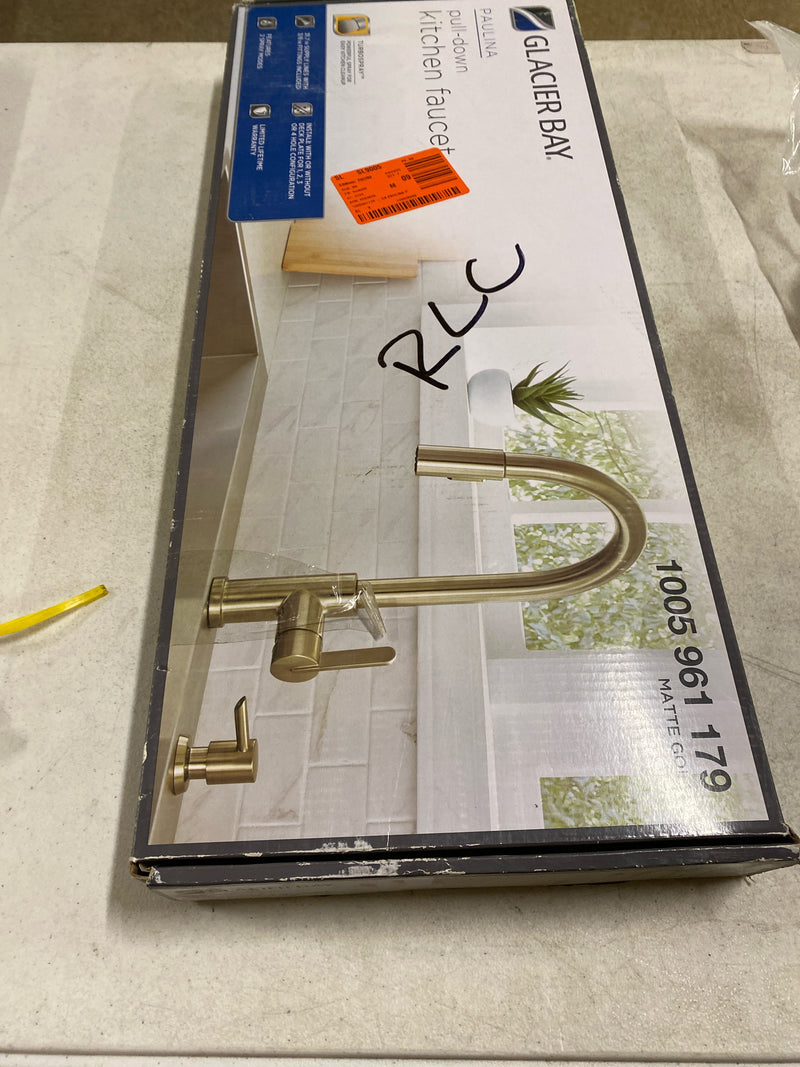 Glacier Bay Paulina Single-Handle Pull-Down Sprayer Kitchen Faucet with TurboSpray & FastMount Includes Soap Dispenser in Matte Gold, HD67780-104405