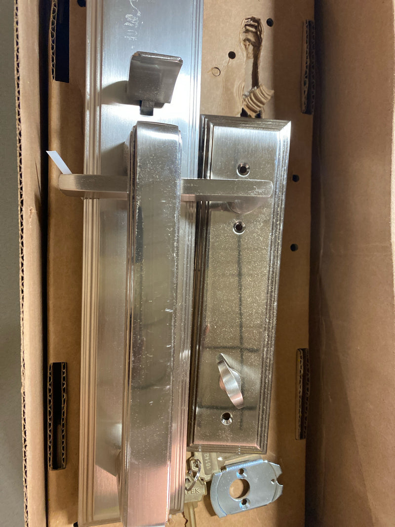 Emtek 4212HLOUS15RH Melrose Right Handed Full Plate Single Cylinder Keyed Entry Handleset with Helios Interior Lever - Satin Nickel