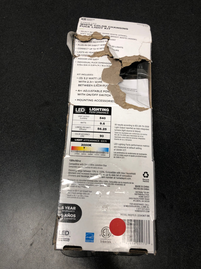 Commercial electric 22343KIT-BK 3-Light Plug-In LED Black Puck Light Kit with CCT Changing (2700K/3000K/4000K)