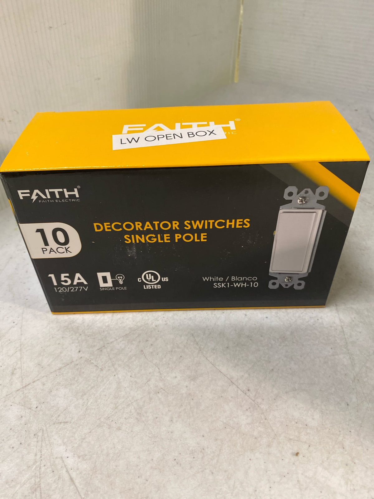 Faith [10-Pack] Single-Pole Decorator Paddle Wall Light Switch, 15A 120/277V, On/Off Rocker, White, 10-Piece
