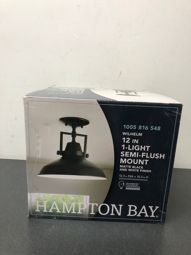Hampton bay DC-C4927-12 BK Wilhelm 12 in. 1-Light Black Industrial Farmhouse Semi-Flush Mount Ceiling Light Fixture with Metal Shade