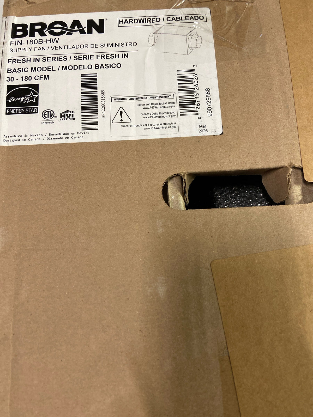 Broan FIN-180B-HW Fresh In Basic 180 CFM 0.65 Sone In-Line Mounted Supply Fan - N/A