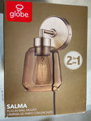 Globe Electric 51715 1-Light Plug-in or Hardwire Wall Sconce, Matte Brass, Smoked Amber Glass Shade, Black Fabric Cord, in-Line On/Off Switch, Bedroom, Living Room, Mounted Bedside Lamp