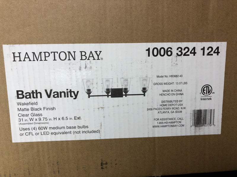 Hampton bay HB3682-43 Wakefield 31 in. 4-Light Matte Black Modern Wall Mount Sconce Light with Clear Glass Shades