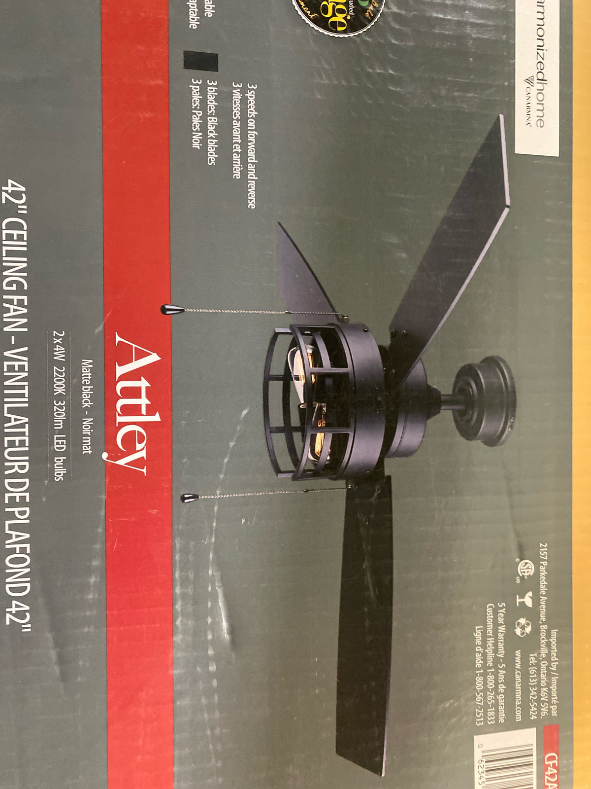 Canarm CF42ATT3BK Attley 42" 3 Blade Indoor Ceiling Fan - Black