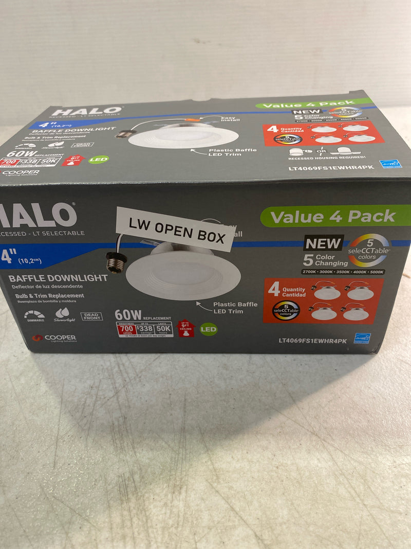 Halo LT4069FS1EWHR4PK LT 4 in. Selectable 5CCT IC Rated Indoor Integrated LED Recessed Light with Baffle Trim 650-Lumens, Matte White (4-Pack)
