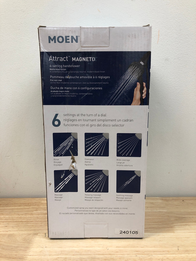 Moen 26000BL Attract with Magnetix 6-Spray Single Wall Mount 3.75 in. Handheld Adjustable Shower Head 1.75 GPM in Matte Black