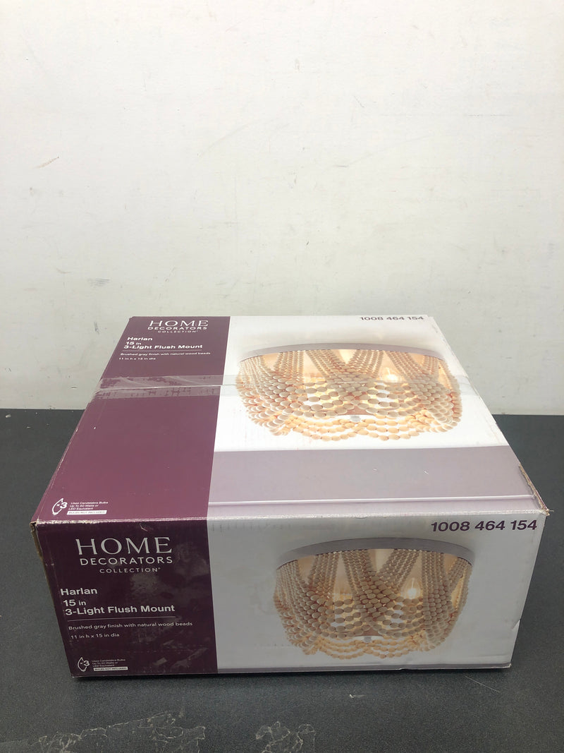Home decorators collection ISF1118A03BGN Harlan 15 in. 3-Light Brushed Grey Flush Mount with Natural Real Wood Beads