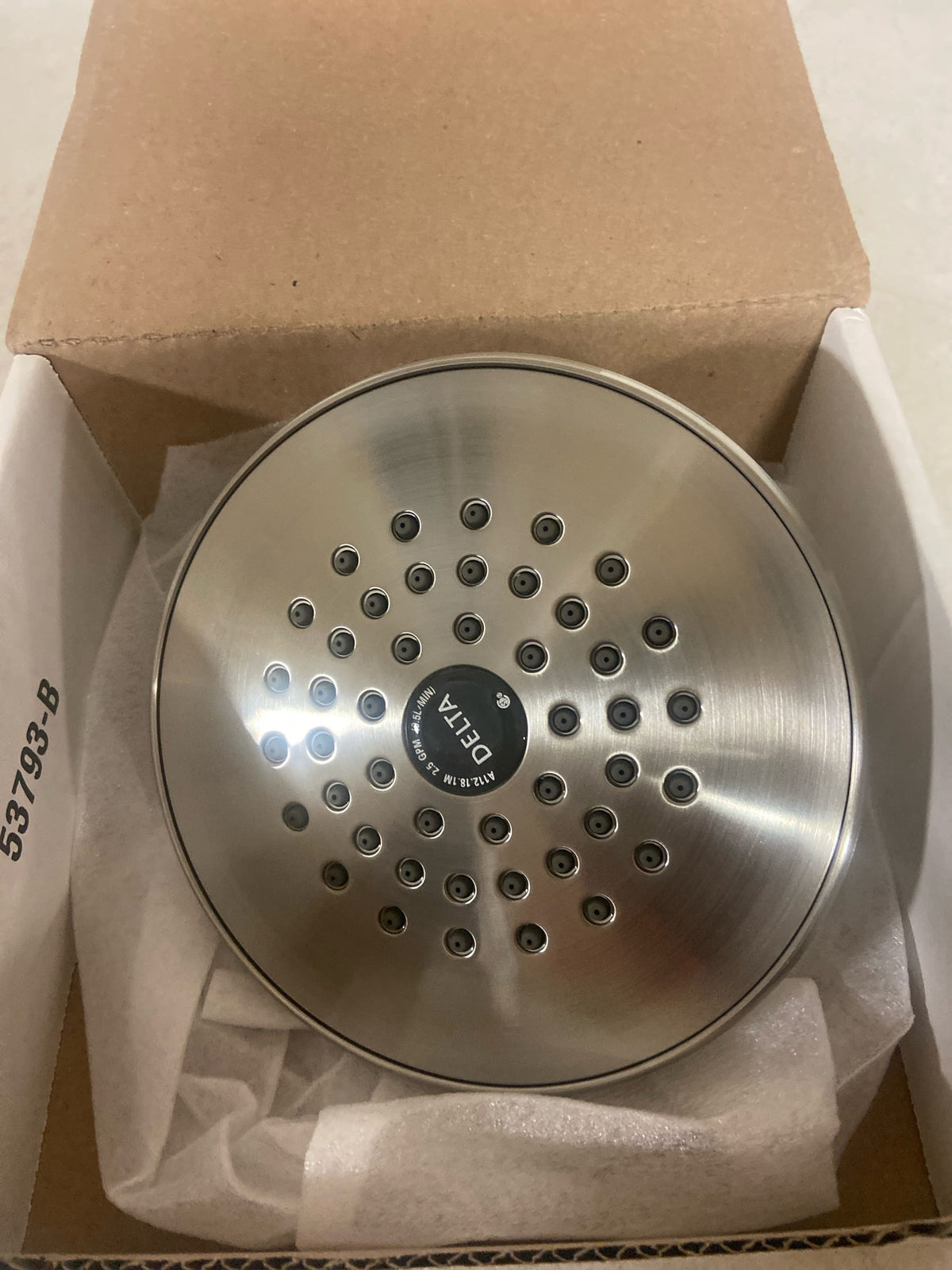 Delta RP42578SS Lockwood 1-Spray Patterns 2.5 GPM 5.88 in. Wall Mount Fixed Shower Head in Stainless
