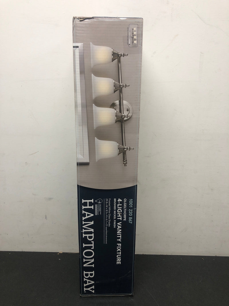 Hampton bay NB49302 Olgelthorpe 29.8 in. 4-Light Brushed Nickel Bathroom Vanity Light Fixture with Bell Shaped Frosted Glass Shades