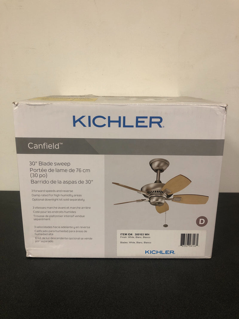 Kichler 300103WH White Canfield 30" Indoor / Outdoor Ceiling Fan with Blades and Downrod